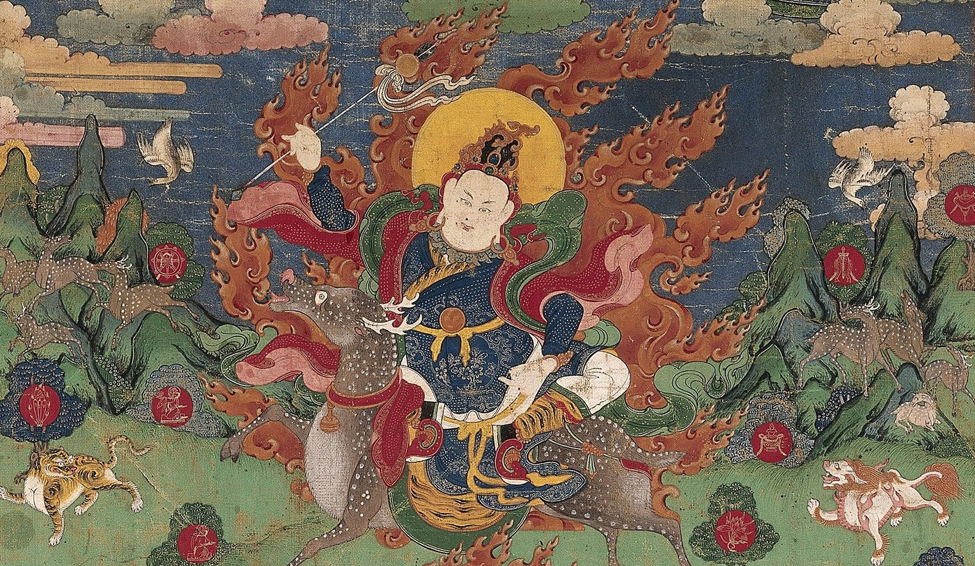 Painted thangka of Gesar of Ling riding a deer, surrounded by flame, on a green ground with mountains and animals