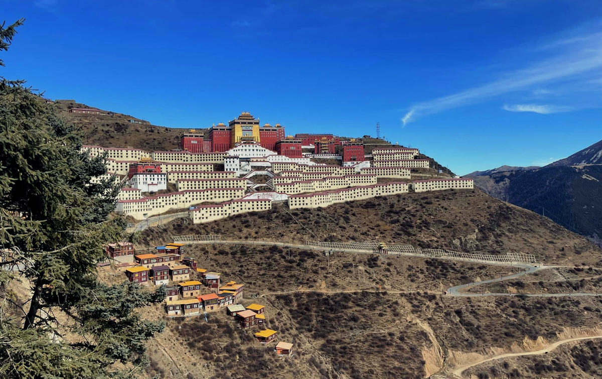 從對面山坡遠看:寺院沿山脊鋪成一道白線,坡下是來回折的盤山路