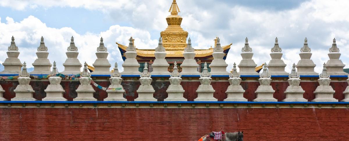 A row of white stupas along a red monastery wall, with a gilded roof behind and a horse in front