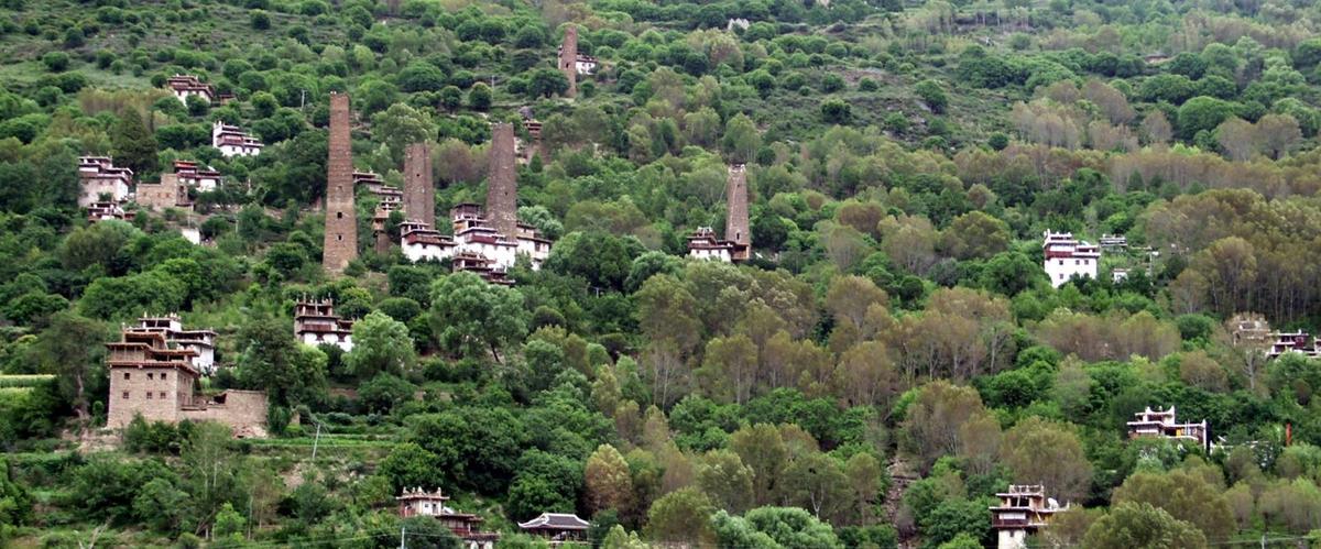 Stone towers standing among trees and houses on a Danba hillside